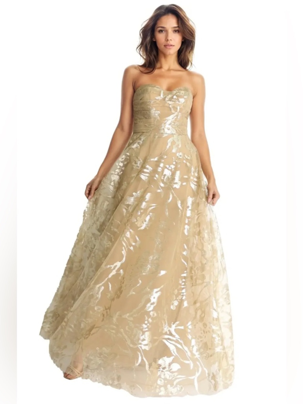 Rene Ruiz Strapless Shimmery Gold Evening Gown size 4 new with tags